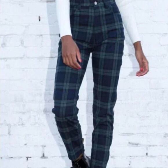 Brandy Melville John Galt Blue Green Plaid High Waist Zip Button Trouser Pant SM - Picture 1 of 6